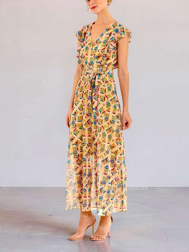 Donna Morgan Yellow Geometric Print Maxi Dress Size 4